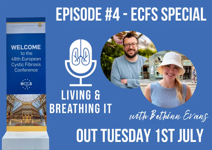 A picture of Dan & Bethinn smiling, promoting the next episode of the Living & Breathing It podcast, an ECFS ‘25 special (out 1st July).