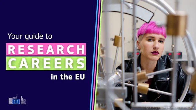 Young woman using some kind of technical material. The visual is promoting the European Research Executive Agency's guide to Research Careers in the EU.