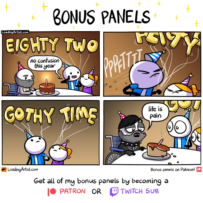 4-panel Loading Artist bonus comic. 1: A year later. The man and his daughter hold balloons spelling “EIGHTY TWO.” He says, “No confusion this year.” 2: Grandpa blows out the cake with a loud “PPPFTTTT.” 3: The balloons have twisted into “GOTHY TIME.” 4: Grandpa, now dressed in full goth attire, stares sadly at the cake: “life is pain.”