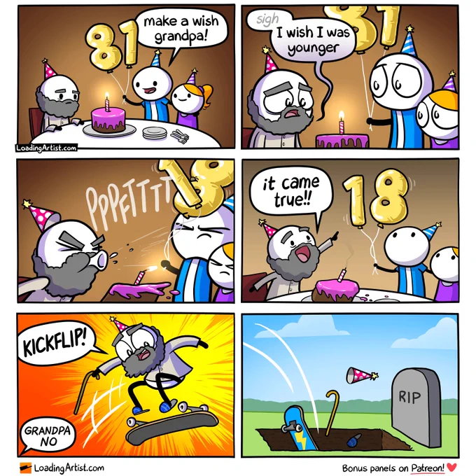 6-panel Loading Artist comic. 1: A man and his daughter stand beside an old man with a birthday cake and “81” balloons. “Make a wish, Grandpa!” they say. 2: Grandpa sighs, “I wish I was younger.” 3: He takes a huge breath and blows out the candle. 4: The “81” balloons twist into “18.” Grandpa lights up: “IT CAME TRUE!!” 5: He kickflips a skateboard. Off-screen: “GRANDPA NO!” 6: He falls into an open grave. Hat, cane, and board follow. RIP.
