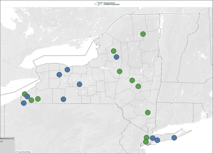 map of NYS with green and blue dots pointing to project locations