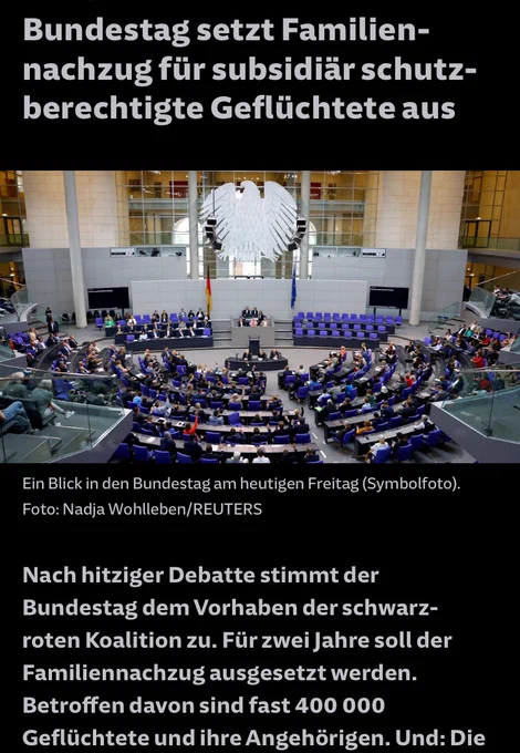 Screenshot SZ Artikel: „ Bundestag setzt Familiennachzug für subsidiär schutzberechtigte Geflüchtete aus“