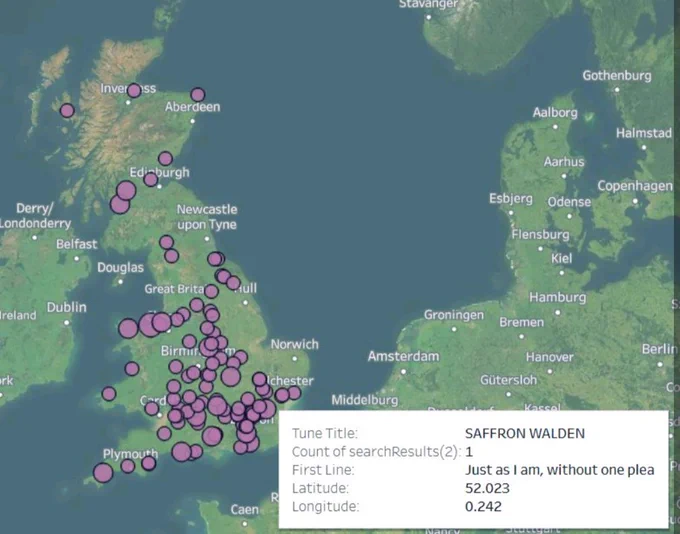 Map of places in Britain which have hymn tunes of the same name.