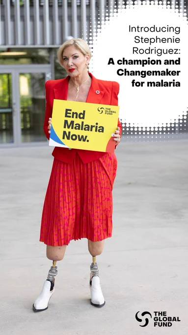 This is a photo of Stephenie Rodriguez, a bilateral above ankle amputee, and parafencer for Team USA holding a sign reading End Malaria Now as Changemaker/Ambassador for The Global Fund, a global NGO that raises funds for HIV, TB, and Malaria.
