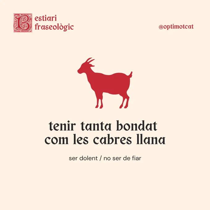 Bestiari fraseològic
tenir tanta bondat com les cabres llana
ser dolent / no ser de fiar