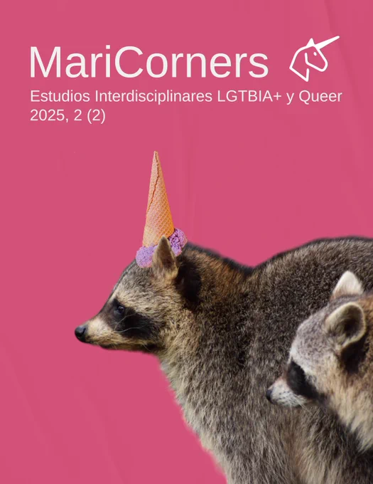Portada del número 2(2) revista maricorners. Aparecen dos mapaches, uno de ellos con un cucurucho como cuerno.