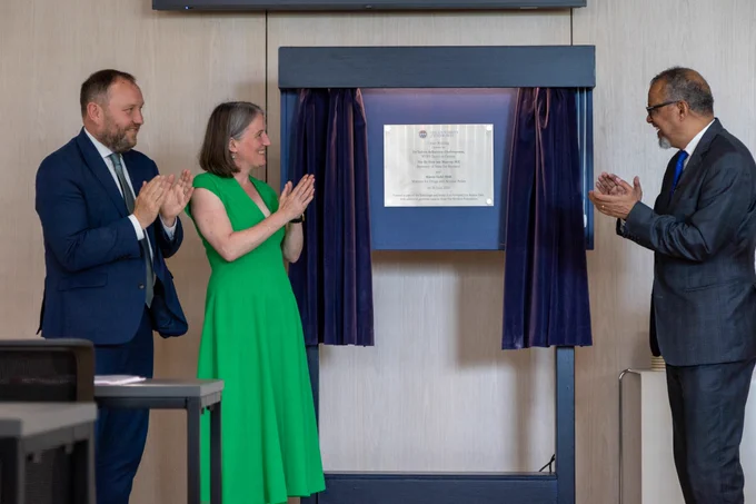  Ian Murray Secretary of State for Scotland, Maree Todd MSP, Minister for Alcohol and Drugs, and Dr Tedros Adhanom Ghebreyesus, Director General at WHO, clap as a commemorative plaque is revealed.