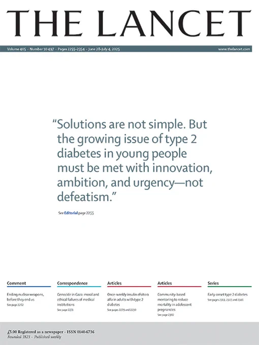 Cover of The Lancet's June 28, 2025 issue. Quote on cover reads: "Solutions are not simple. But the growing issue of type 2 diabetes in young people must be met with innovation, ambition, and urgency—not defeatism."