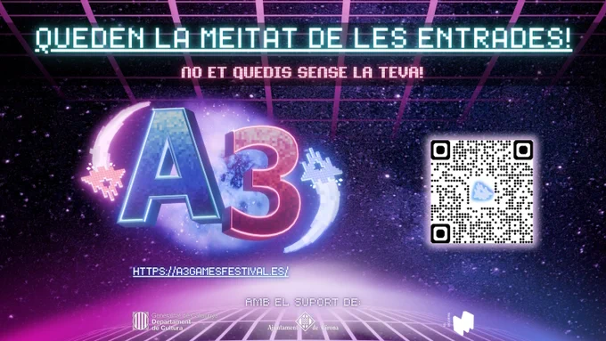 Imagen mostrando el logo del A3 y un QR, indicando que quedan la mitad de las entradas disponibles.