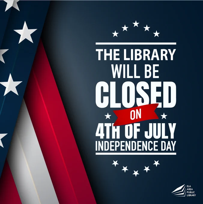 Library Closed on July 4. Image is of the American flag on a gray background with additional white stars