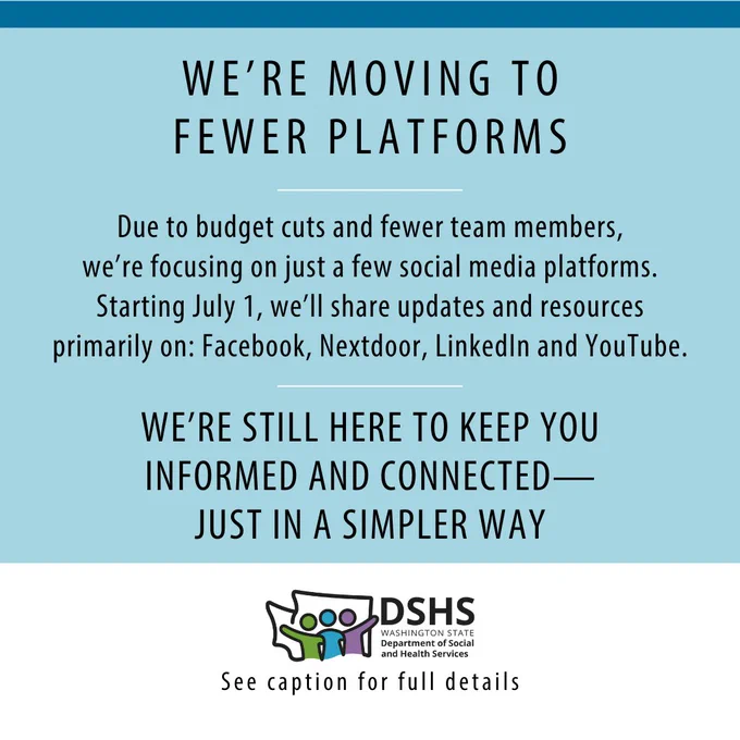 A light blue graphic with a dark blue banner at the top displays the following text in black:
"We’re moving to fewer platforms"
Below, it reads:
"Due to budget cuts and fewer team members, we’re focusing on just a few social media platforms. Starting July 1, we’ll share updates and resources primarily on: Facebook, Nextdoor, and YouTube."
A dividing line separates this from the next section, which states:
"We’re still here to keep you informed and connected—just in a simpler way."
At the bottom, the DSHS logo is displayed with the text:
"Washington State Department of Social and Health Services."
Underneath, it reads: "See caption for full details." 
