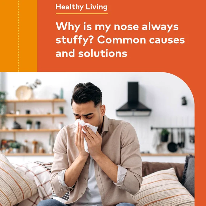 Text Why is my nose always stuffy? Common causes and solutions

Man sitting blowing his nose