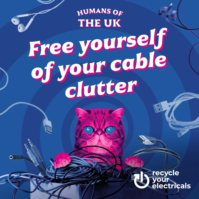 A square image with purple and blue swirls. On it are images of cables and plugs. In the centre of the image is a large, pink fluffy cat with swirling eyes. This is HypnoCat. He is resting his paws on a layer of cables and plugs. Text above HypnoCat says: Humans of the UK. Free yourself of cable clutter. Logo on the image reads Recycle your electricals.