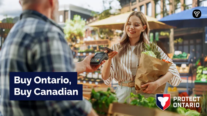 Woman buying produce at a farmer’s market. Text: Buy Ontario, Buy Canadian