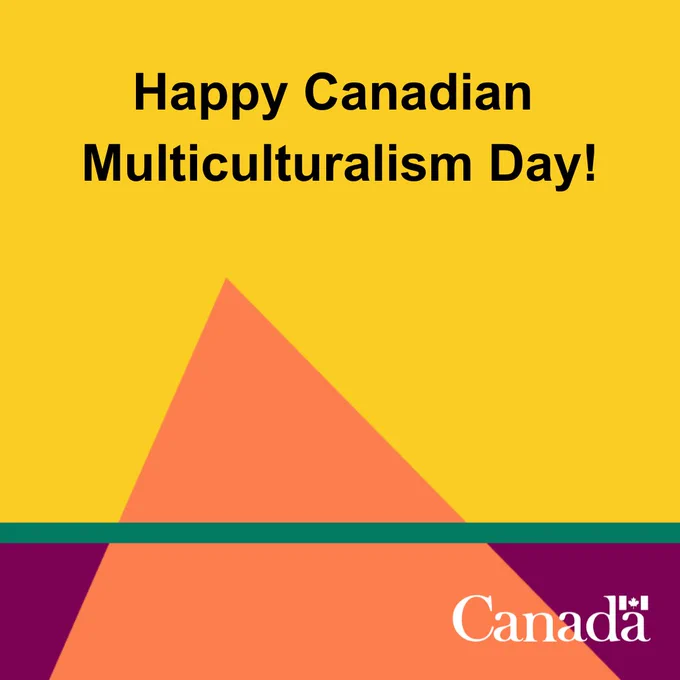A yellow background with an orange triangle, a purple rectangle and a green line. Text on image: Happy Canadian Multiculturalism Day!