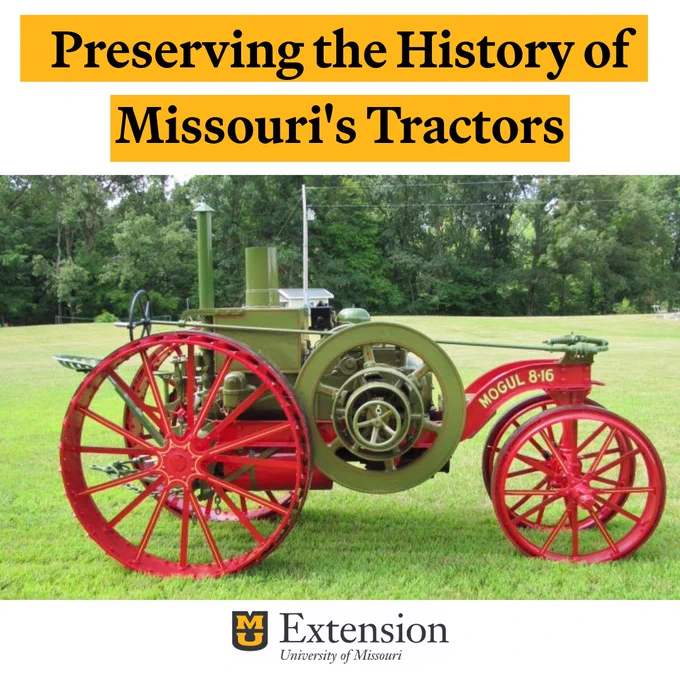 The Mogul 8-16 tractor is hunter green with red wheels. 