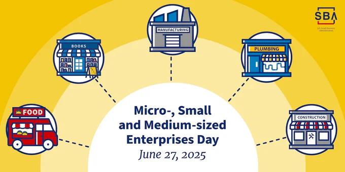 Illustration of storefronts, food truck and a globe with the following text: Micro-, Small and Medium-sized Enterprises Day, June 27, 2024. The SBA logo is at the bottom.