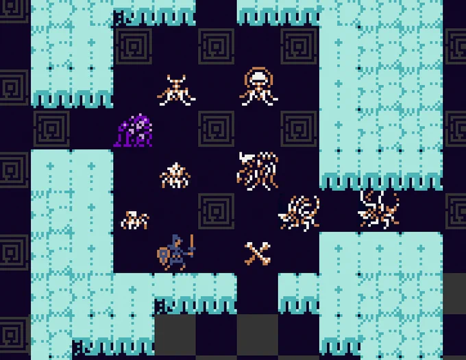 a grey stone indoor or subterranean diorama with three long, leggy skeletal undead, right, two small ones which are a bit like orb weavers, acephalic, with sculptural bodies in a set of radial limbs. at the top are two turrets, one firing and one not. they look a bit like tripod mounted lamps or bacteriophages. a purple ooze and a knight are provided for scale and context.