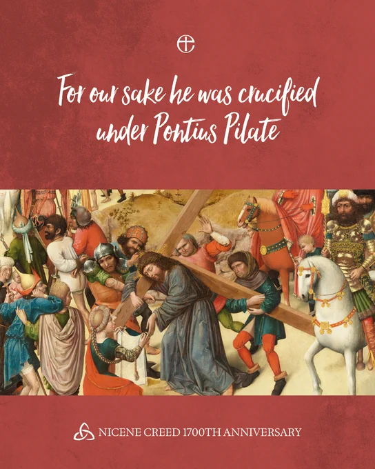 Artwork depicting Jesus carrying his cross, celebrating the 1700th anniversary of the Nicene Creed. The scene shows multiple individuals around Jesus as he carries the cross.
