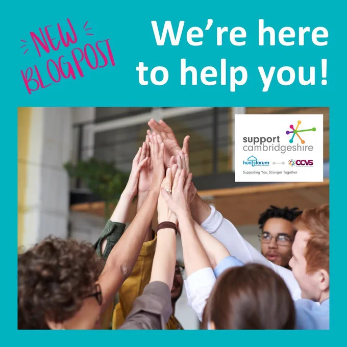 Picture of people high-fiving each other. Text reads: New blog post. We're here to help you. Support Cambridgeshire interim logo.