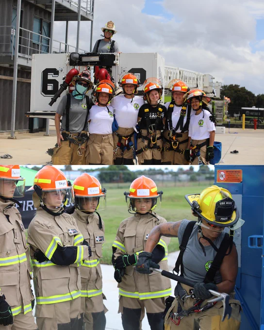 A picture of girls on fire campers posing in front of fire rescue engine 62; campers watch a firefighter demonstrate a technique.