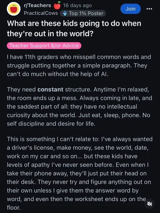 [screenshot of a reddit post in r/teachers from an eleventh-grade teacher who says "these kids have levels of apathy I've never seen before" and "can't do much without the help of AI"]. 