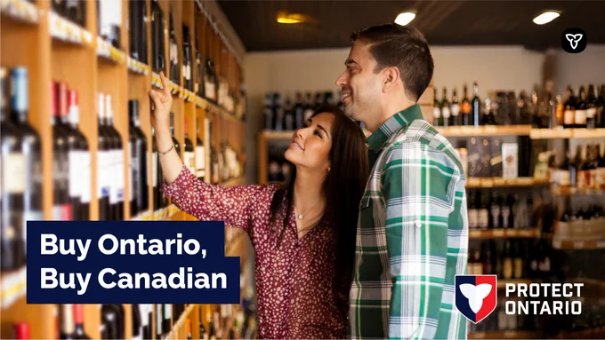 A couple shopping for a bottle of wine. Text: Buy Ontario, Buy Canadian
