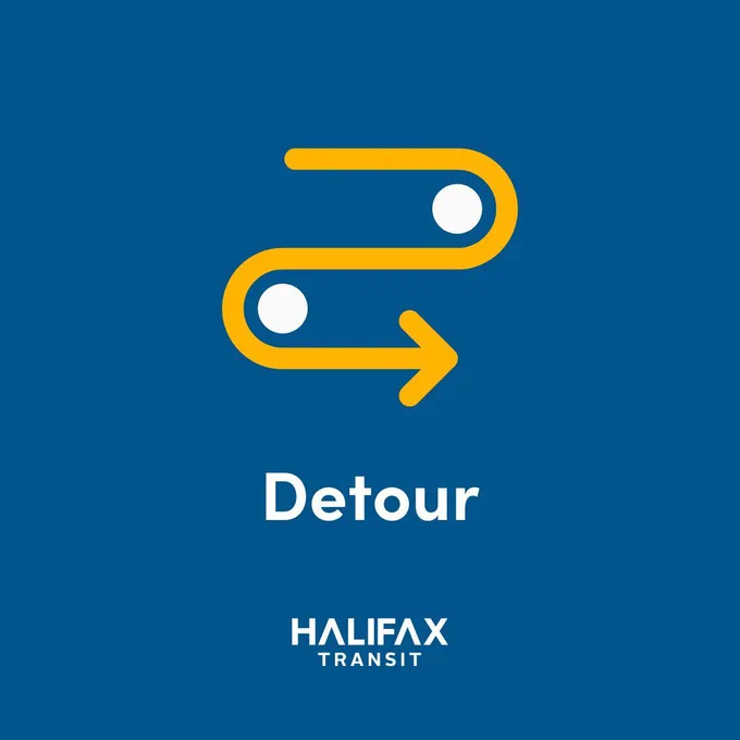 A yellow arrow snakes its way between two white dots, making a shape similar to a backwards "s", on a solid blue background. Below the arrow shape is the word "detour" in white. Below that is the Halifax Transit logo.