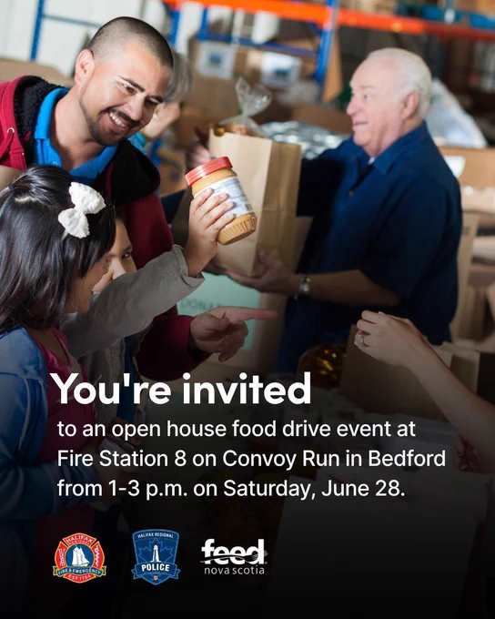 A group of people are participating in a food drive event, with one person handing a jar of peanut butter to another. The background shows shelves with various items. Text on the image reads: "You're invited to an open house food drive event at Fire Station 8 on Convoy Run in Bedford from 1-3 p.m. on Saturday, June 28." Logos for Halifax Regional Fire & Emergency, Halifax Regional Police, and Feed Nova Scotia are displayed at the bottom.