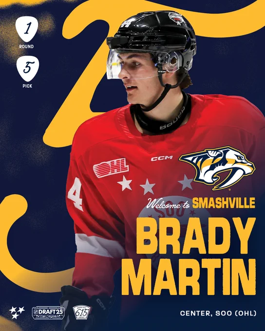 NHL Draft selection announcement. There's a photo of our 5th overall pick, Brady Martin, in the center. His name sits below his photo in gold, it reads "Brady Martin".