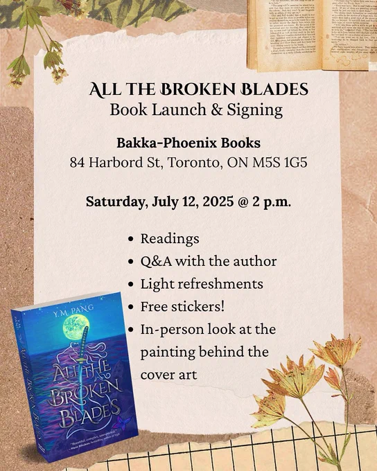 All the Broken Blades
Book launch and signing
Bakka Phoenix Books
84 Harbord St, Toronto ON
Saturday July 12, 2025 @ 2 pm

Readings
Q&A with the author
Light refreshments
Free stickers
In-person look at the painting behind the cover art