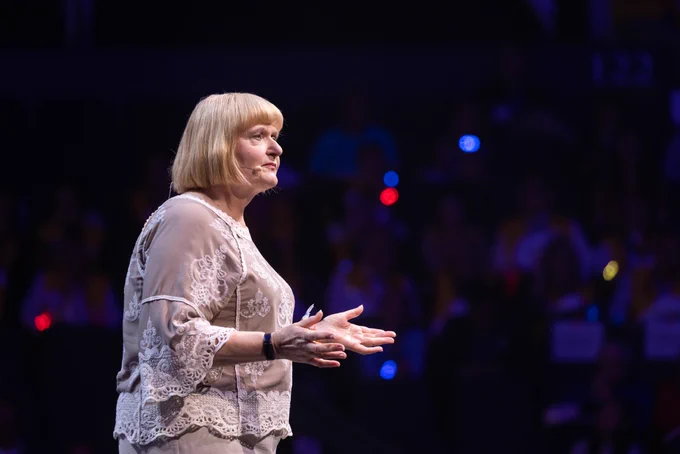 Rotary International President Stephanie Urchick presenting on stage at the 2025 Convention in Calgary.