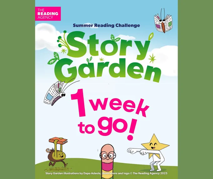 Summer Reading Challenge graphic with this year's Story Garden logo. Pink text saying 1 week to go!