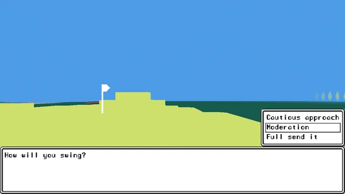 A low-res first person 3D view of golf on the green. The text box asks "How will you swing?" with the choices of Cautious approach, Moderation, and Full send it.