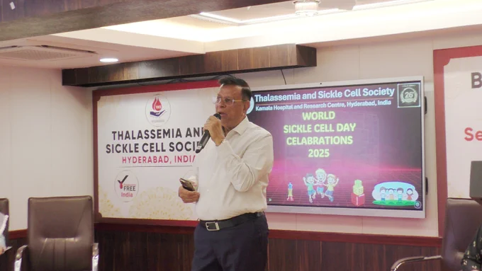 World Sickle Cell Day was celebrated at TSCS on 28th June 2025 with great enthusiasm. 
The event featured a welcome address by Dr. Chandrakant Agarwal (President, TSCS), a motivational message by Dr. Suman Jain (Chief Medical Research Officer & Secretary), and inspiring talks by Mrs. Surbhi Sharma (Asst. Prof., NALSAR) and Dr. Subodh Kumar Karmanker (RIMS, Adilabad) Sickle Cell Warriors. Around 100 patients and parents participated in the celebration, which included fun games and activities. Gifts were distributed to all patients, making the day joyful and memorable for everyone.