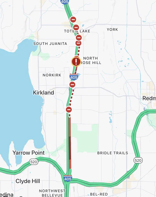 The WSDOT Travel Map shows in dark red heavy congestion/backups along northbound I-405 just north of the State Route 520 interchange, before the full closure of those lanes south of Kirkland.