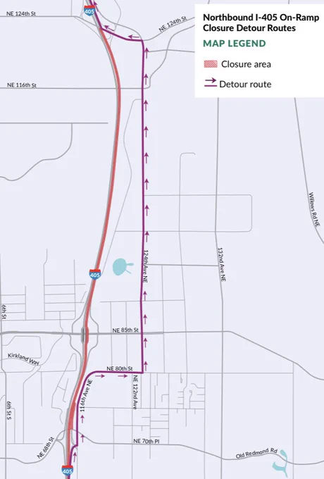 Marked in red on a map a full closure of northbound I-405 between Northeast 70th Place and Northeast 124th Street in Kirkland. Marked by purple lines and arrows is the signed detour which uses nearby city streets to navigate through the closure.!