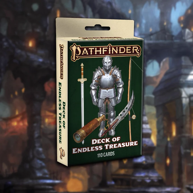 The Pathfinder Deck of Endless Treasure floats in front of a blurred background of a civilization in a cave. 