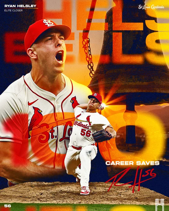 Graphic showing pitcher Ryan Helsley in various game poses with the caption "100 Career Saves"