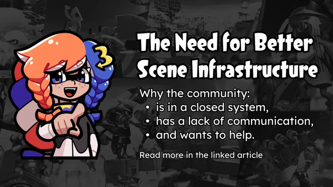 A colorful cartoon character with orange and blue braided hair, wearing a black shirt and pointing forward, appears on the left side of the image with a yellow "3" on their hair. To the right, bold white text reads: "The Need for Better Scene Infrastructure." Below, smaller text says: "Why the community: • is in a closed system, • has a lack of communication, • and wants to help. Read more in the linked article." The background is a grayscale collage of various scenes from the video game Splatoon.