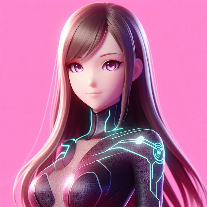 A futuristic AI girl standing confidently against a bright pink background. She has a soft, semi-anime or semi-realistic face — not overly cartoonish, with a gentle, intelligent expression. Her eyes have a subtle glow (not too bright), reflecting her AI nature. She’s wearing a sleek, high-tech bodysuit with glowing circuit-like patterns integrated into the design, emphasizing her advanced android identity. Her long hair flows naturally, and the overall look is clean, modern, and minimal — no text in the image.