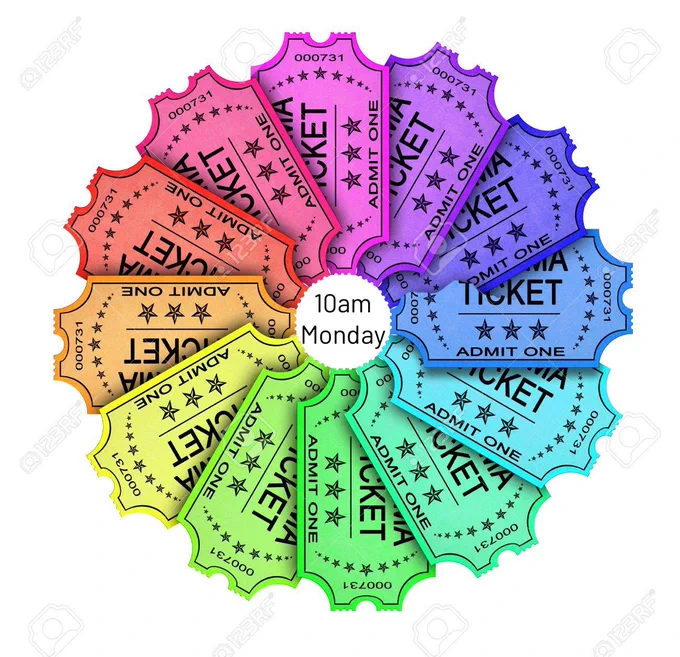 A circle of rainbow-coloured event tickets with '10am Monday' in text in the middle.