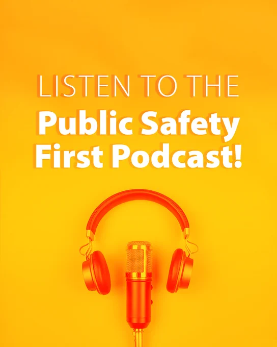 Listen to the Public Safety First Podcast above a headset over it a microphone.
