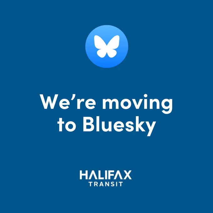 Blue background with the Bluesky logo at the top and the text 'We're moving to Bluesky' with the Halifax Transit logo centred at the bottom.