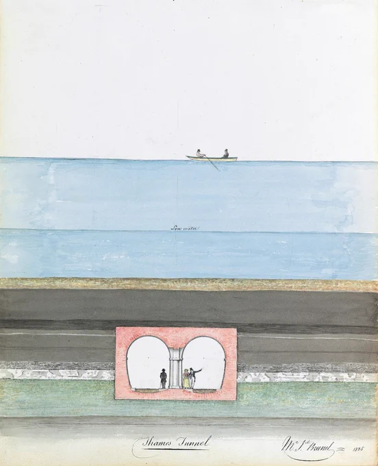 Watercolour sketch of the Thames Tunnel, with water above