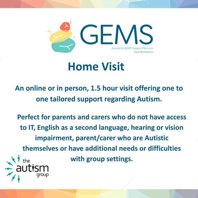 Home Visit
An online or in person, 1.5 hour visit offering one to one tailored support regarding Autism.
Perfect for parents and carers who do not have access to IT, English as a second language, hearing or vision impairment, parent/carer who are Autistic themselves or have additional needs or difficulties with group settings.
