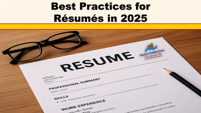 A poster titled Best Practices for Resumes in 2025. There is a resume, a pair of glasses, and a pencil on a tabletop. There is also a logo from https://www.market-connections.net (a Los Angeles Resume Writer)