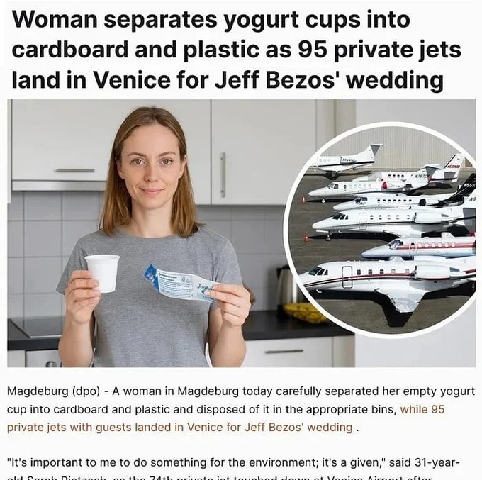 woman separates yogurt cups into cardboard and plastic as 95 private jets land in venice for jeff bezos' wedding
[image of woman holding recyclables and insert with private jets]