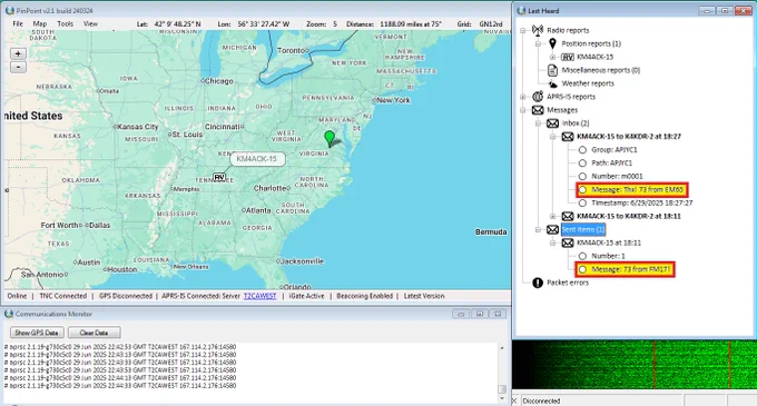 Pinpoint APRS client (Windows) showing direct messages to/from KM4ACK using VARA-HF