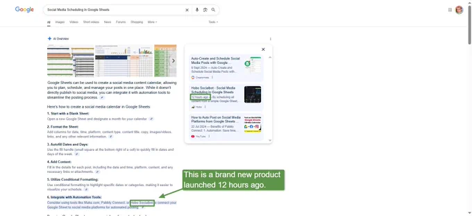This is a new product launched today. It was in Ai overviews within 4 hours. This was achieved using basic SEO principles and blogging.